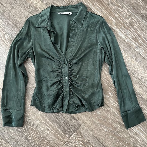 Zara Scrunched Pleated Satin Effect Shirt Bottle Green - Picture 2 of 7